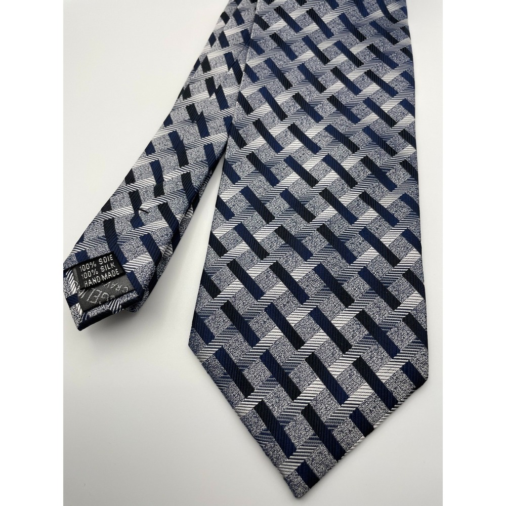 Angelino Men's 100% Silk Handmade Geometric Pattern Necktie Blue White Black